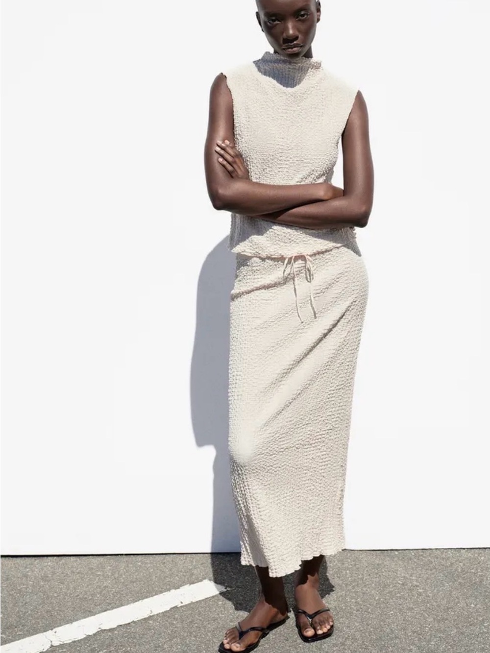 NWT Zara Cream Textured Drawcord Maxi Skirt
